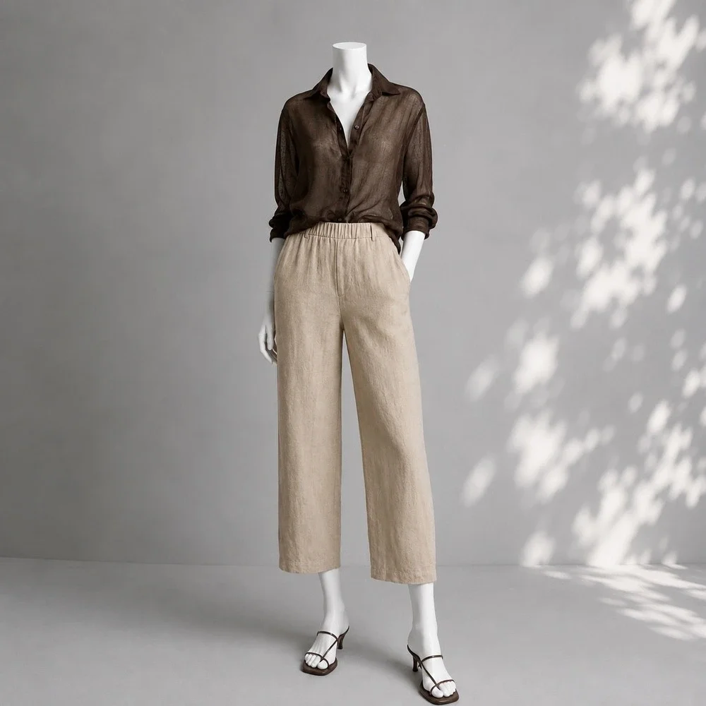 Quince 100% European Linen Pants M Driftwood Beige Wide Leg Cropped Coastal